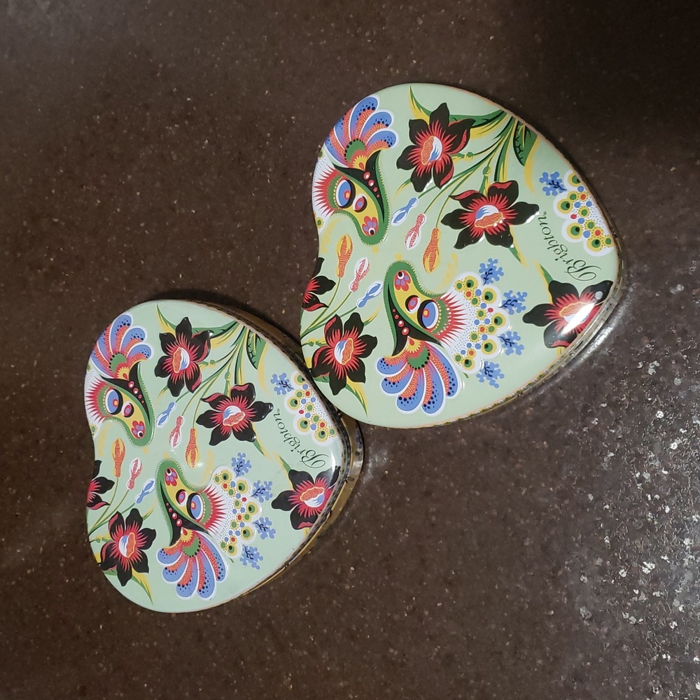 BRIGHTON 2 heart-shaped jewelry boxes or tins measuring about 5 inches high.